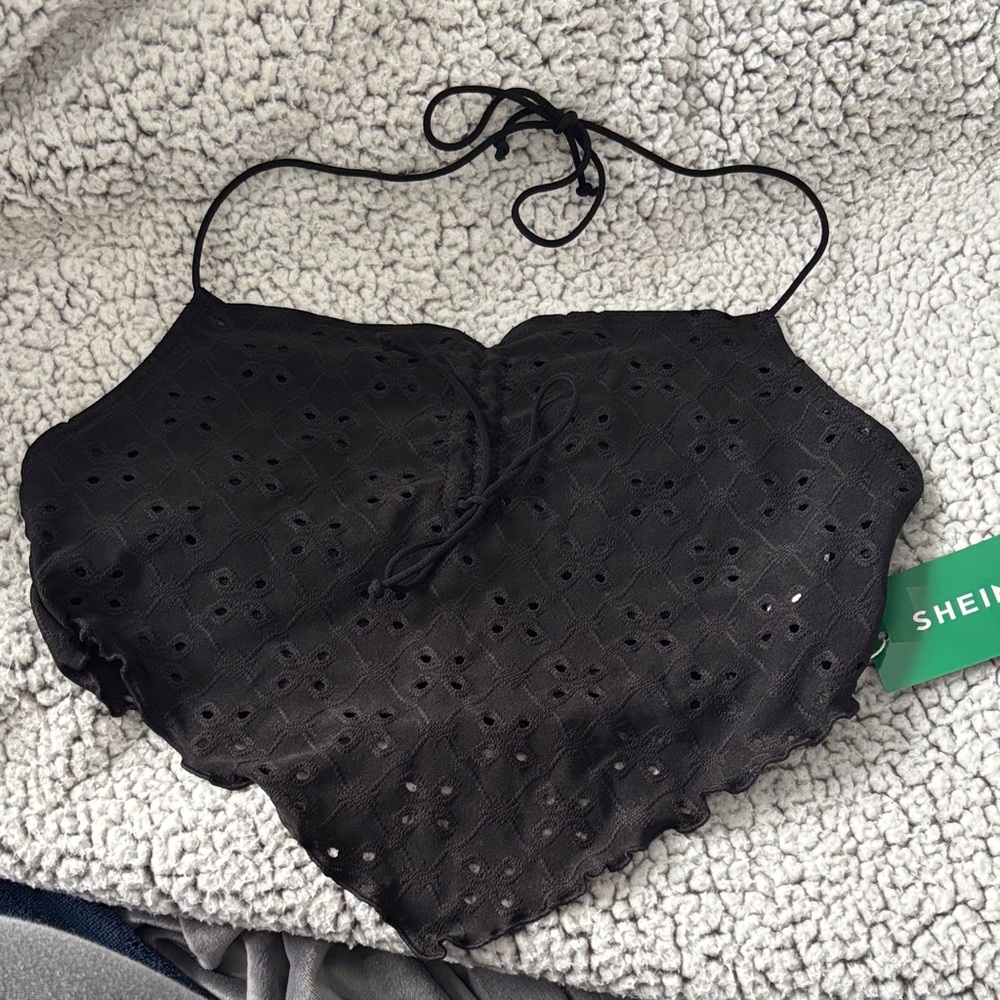SHEIN Black Eyelet Halter Crop Top